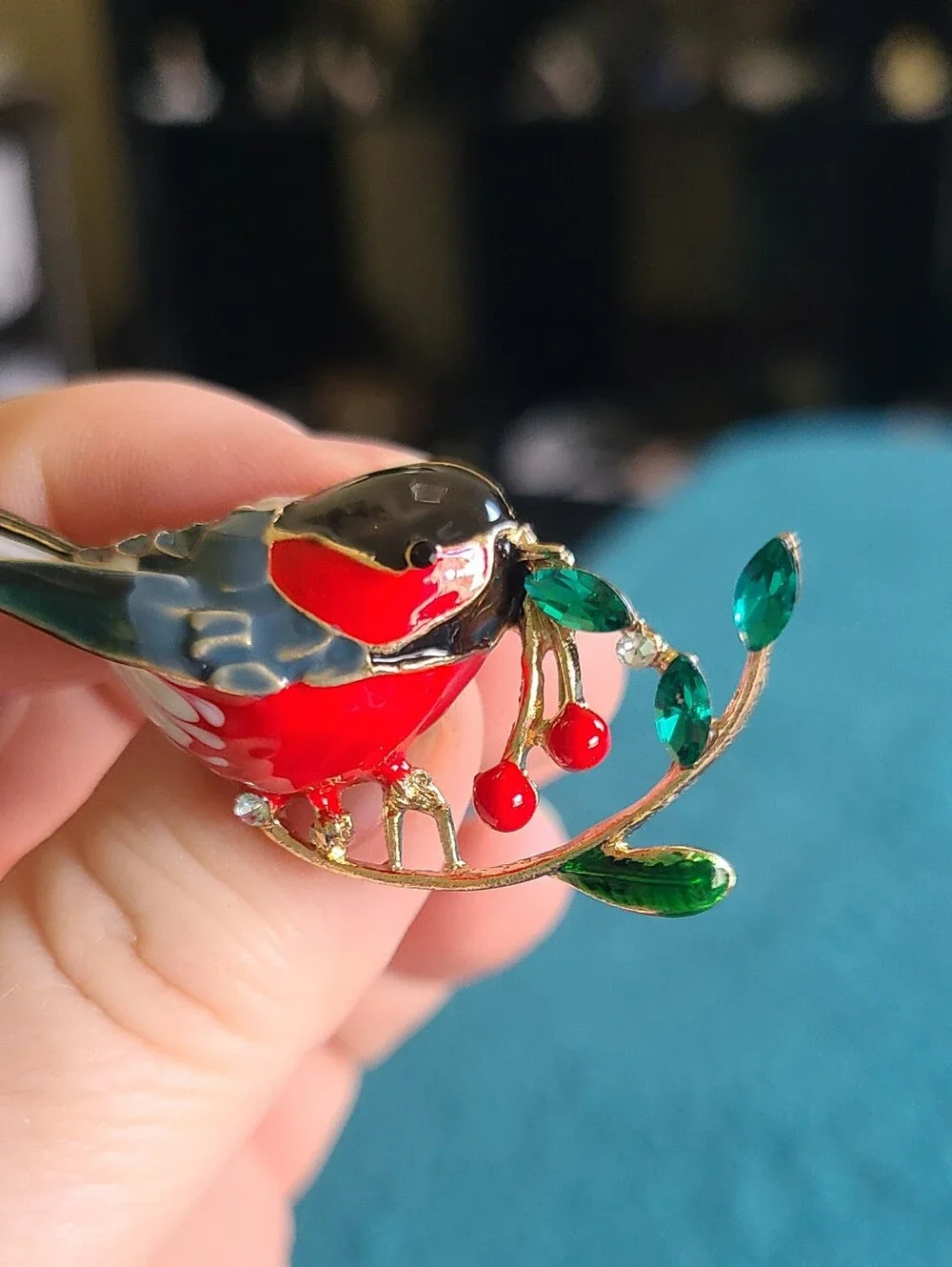 Vintage Red and Green Enamel Songbird Brooch